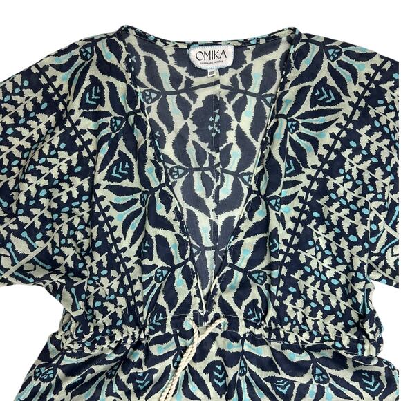 Omika Pia Mini Dress Blue Floral Cotton Caftan Lightweight Beach Coverup OS OSFA - Picture 7 of 12